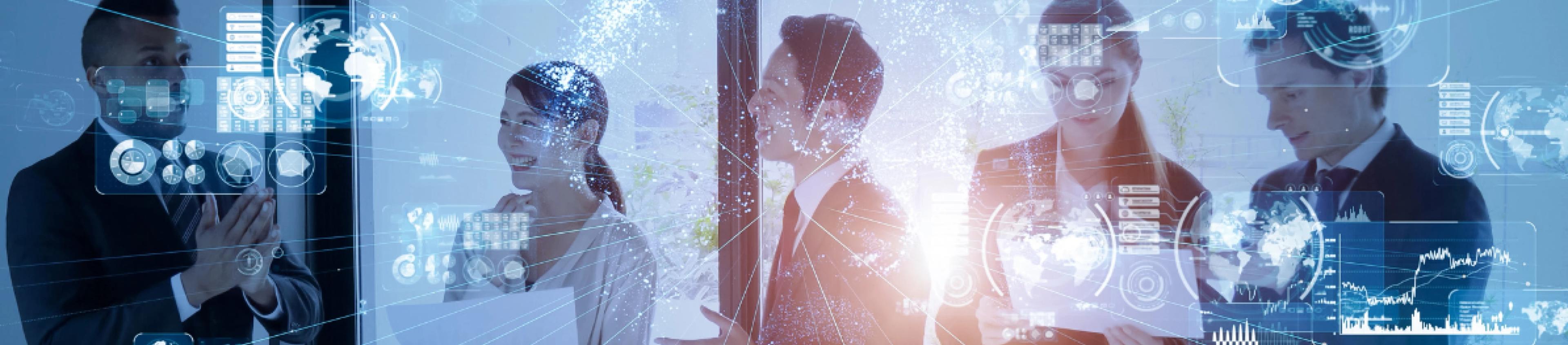 Digital marketing services showing business team with SEO, email, ads, and ROI growth icons