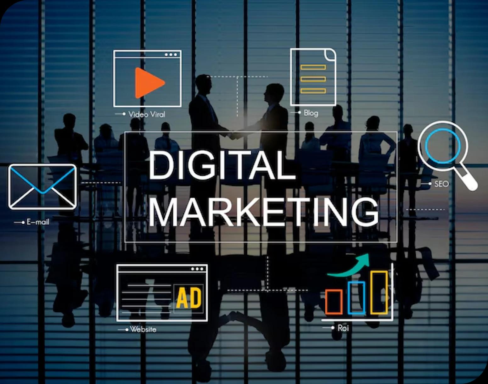 Digital marketing services showing business team with SEO, email, ads, and ROI growth icons